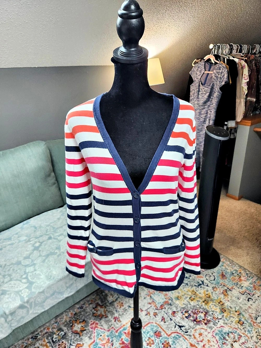 Jones New York Signature Petite Striped Button-Front Cardigan White & Pink Small